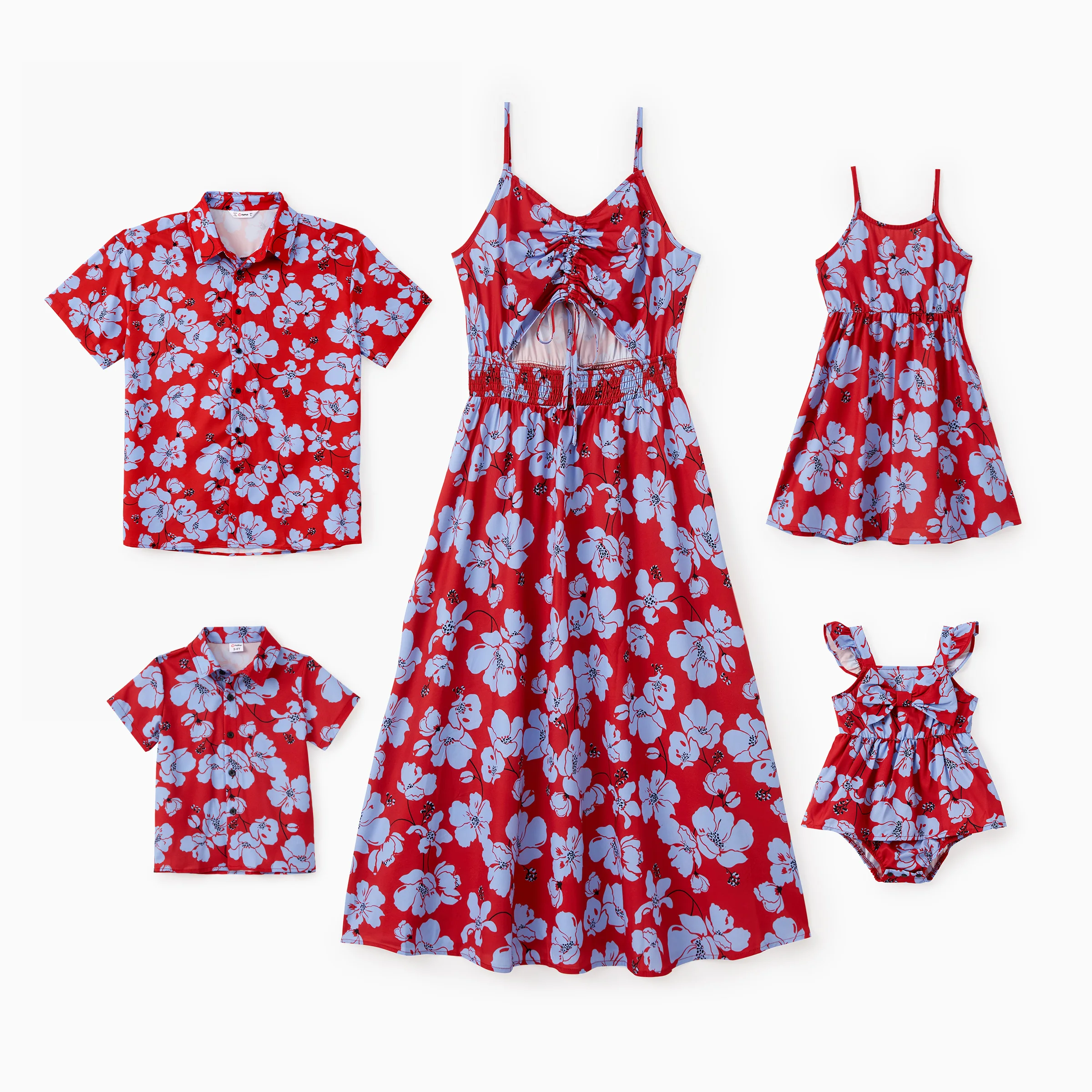 PatPat Family Matching Sets Floral Pattern Beach Shirt or Drawstring Front Shirred Waist Strap Dress