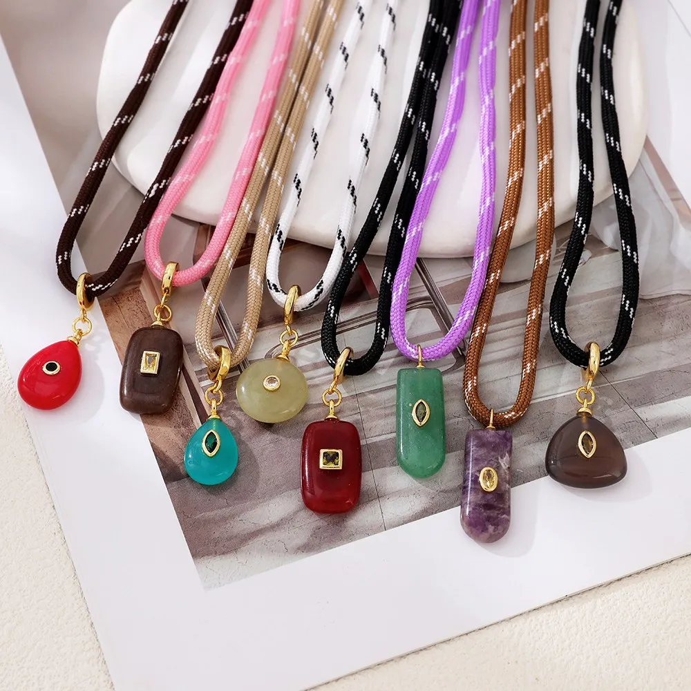 Multicolour Rope Chain Necklace for Women Waterproof Geometric Shape Natural Stone Inlaid Zircon Pendant Fashion Jewelry Gifts