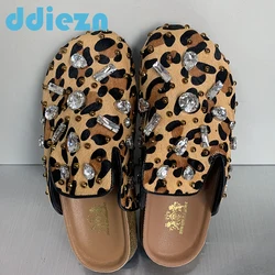 Women Shoes Leopard Mules Flat Slippers Rhinestones Slides 2024 New Thick Sole Casual Luxury Shallow Summe Flat Slippers