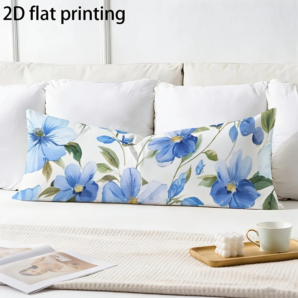 2D Flat Body Pillowcase, Long Pillowcase, Printed Design, Blue Floral Botanical Pattern, Durable Fabric, Full-body Support Pillo