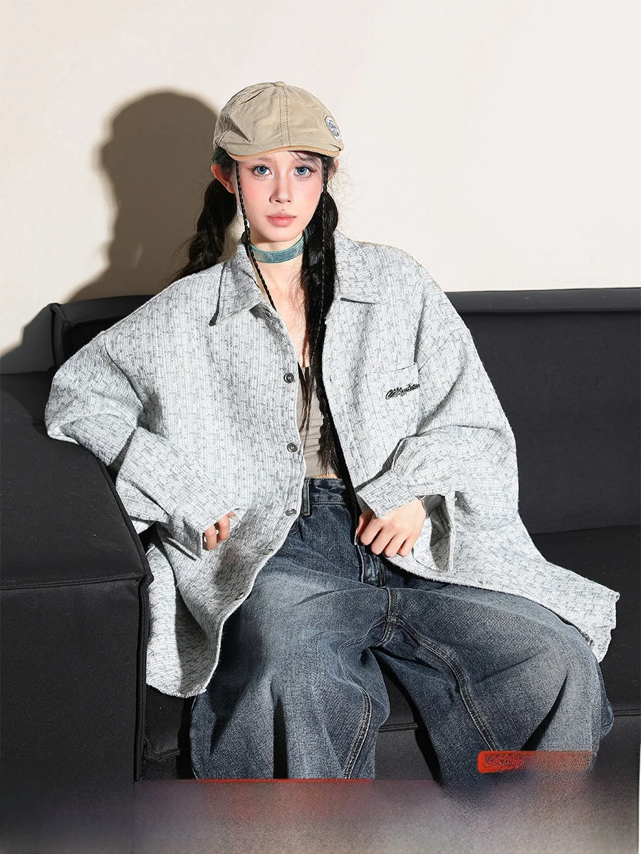 

Manyston American High Street Plaid Casual irt Jaet Women Spring Autumn Trendy Brand Couple Outwear Loose Polyester