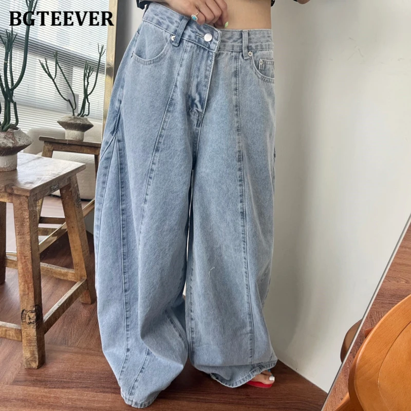 

BGTEEVER Stylish Pockets Wide Leg Jeans Pants for Women Loose Female Denim Trousers