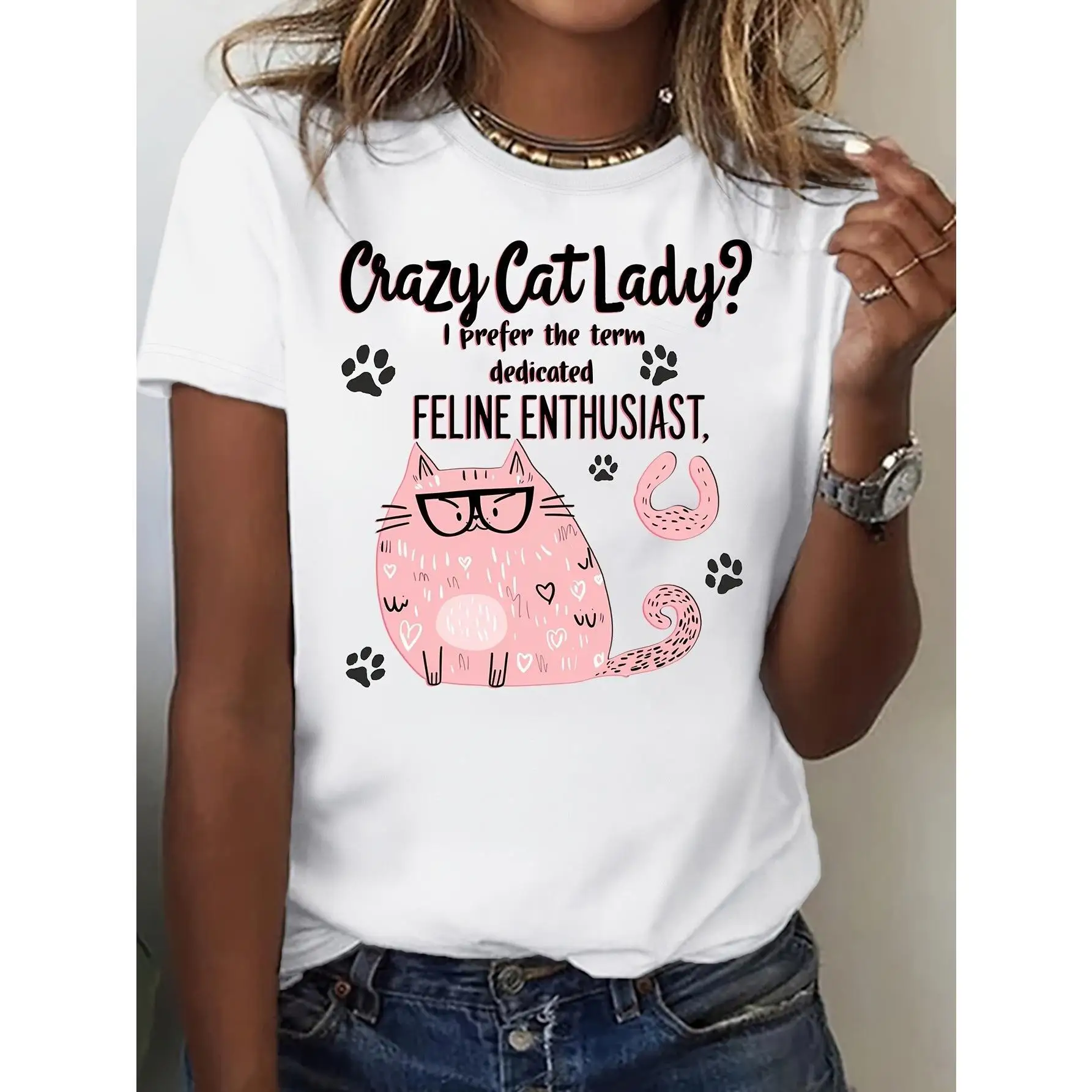 

Funny Crazy Cat Lady T-Shirt Women's Feline Enthusiast Print Tee Dedicated Cat Mom Gift Pet Lover Graphic Top Humorous Apparel