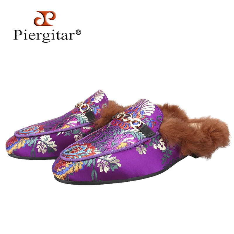 Piergitar 2026 Chinese-Style Purple And Gold Flower Silk Men's Mules With Insole Rabbit Fur Fashion Slip-On Horsebit Slippers