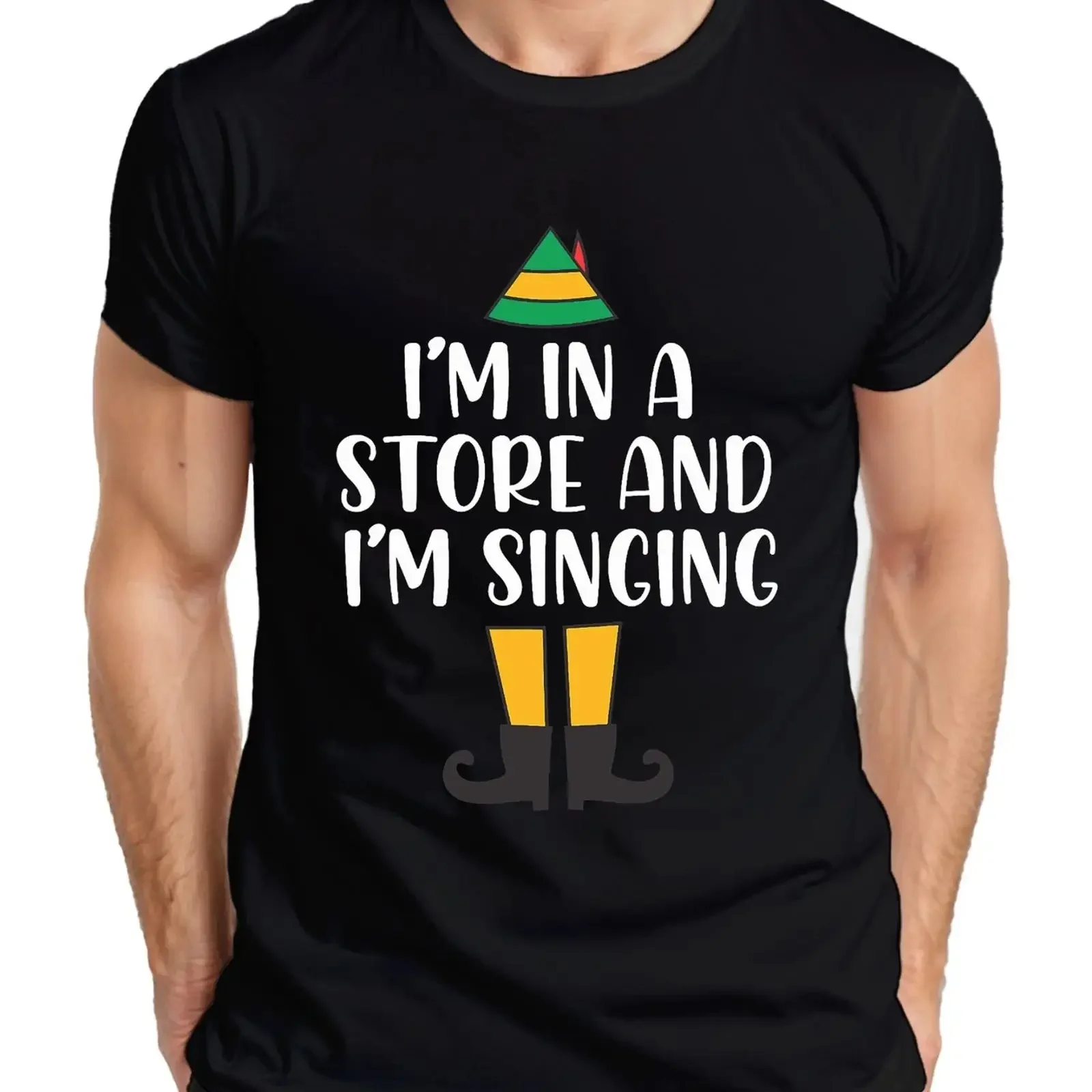 I'm in a store and singing Christmas Elf Funny Men's T Shirt vintage Washed fashion Breathable Versatile Top For Everyday Wear