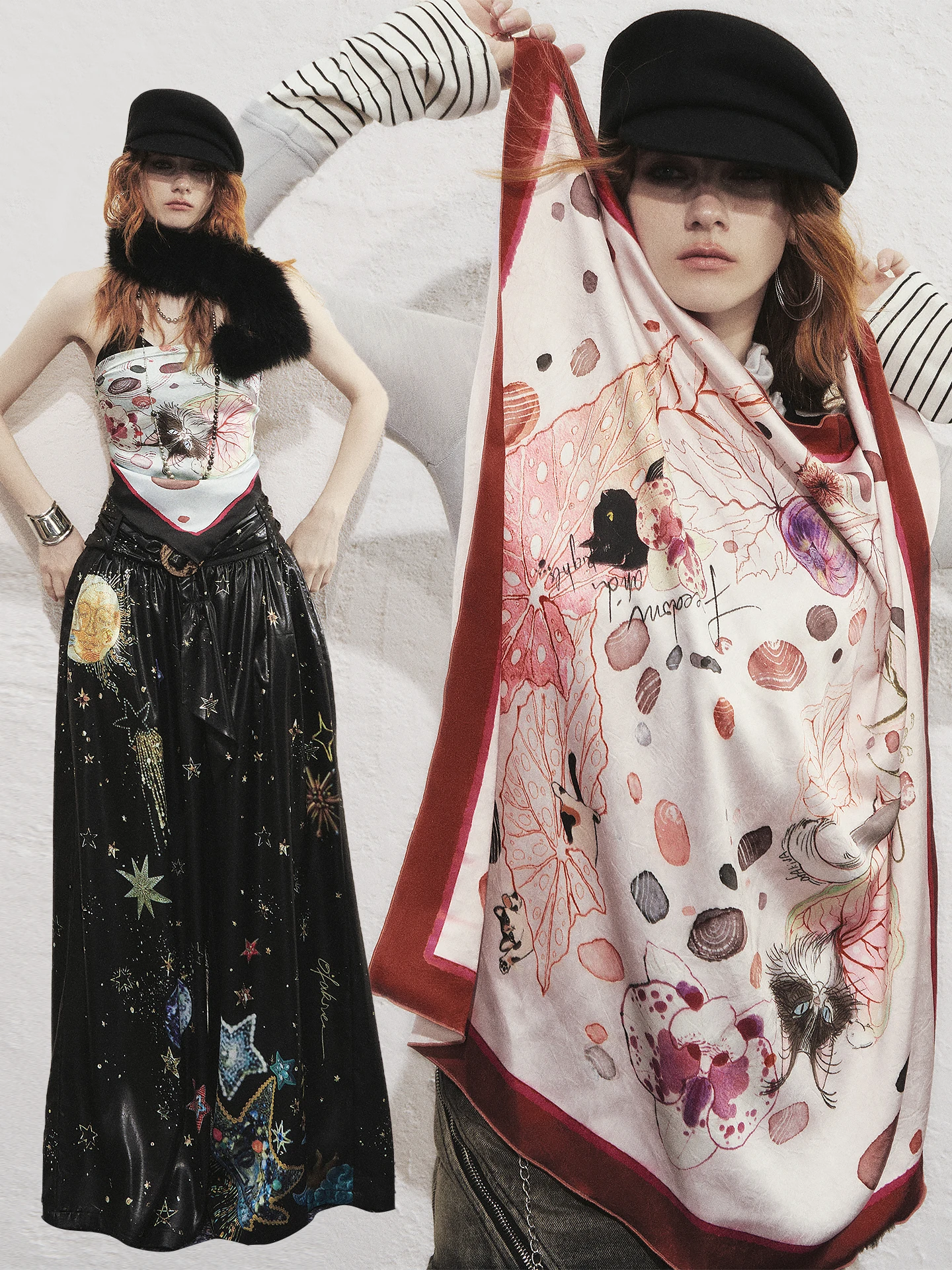 OfAkiva Hand-Painted Watercolor Autumn Hibiscus Plump Fruits Satin Square Scarf Faionable ort Printed Women's Vest