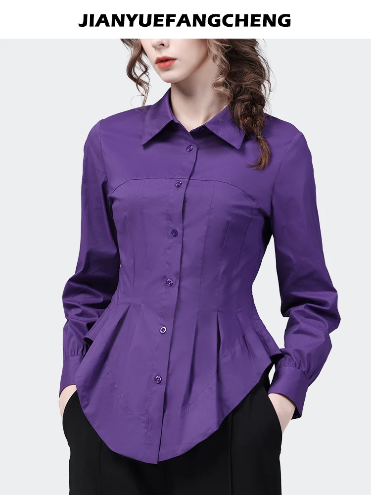 Women' Lapel Collar Purple Cotton Shirt Long Sleeve Button-down Tops 2024 Spring Summer Slim Fit Office Ladies Shirts