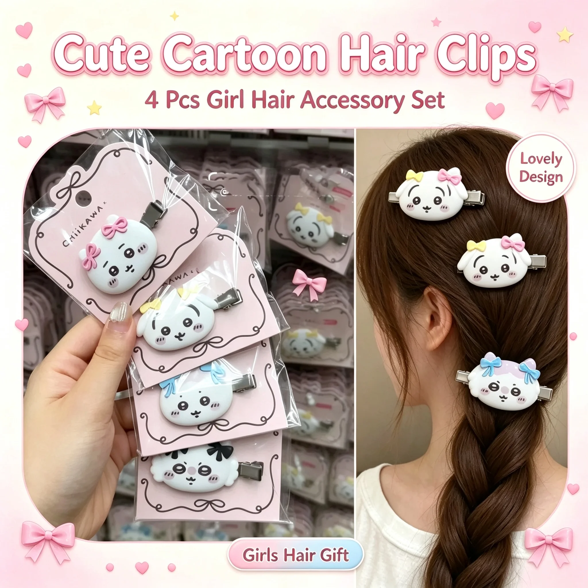 Hot sale Chiikawa Resin Bow Hair Clip Cute Cartoon Side Bang Duckbill Barrettes Lovely Hair Accessories for Girl Daily Wear
