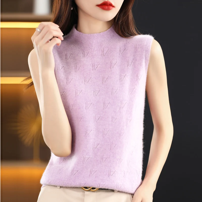 First-line ready-to-wear sleeveless semi-turtleneck vest female high-end knitted hollow top thin loose slim wool sling