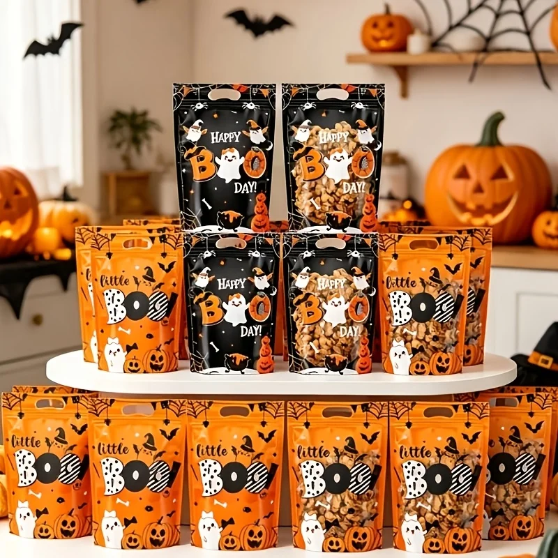 50/10Pcs Halloween Treat Bags with Handles Treat or Trick Halloween Goodie Gift Bag Resealable Candy Cellophane Zipper Bags