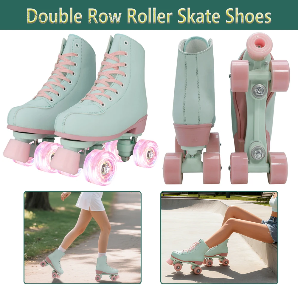 

PU Leather Flashing Quad Roller Skates Double Row 4 Wheels Skate Shoes For Women Girls Outdoor Skating Sneakers Gift Size 35-42
