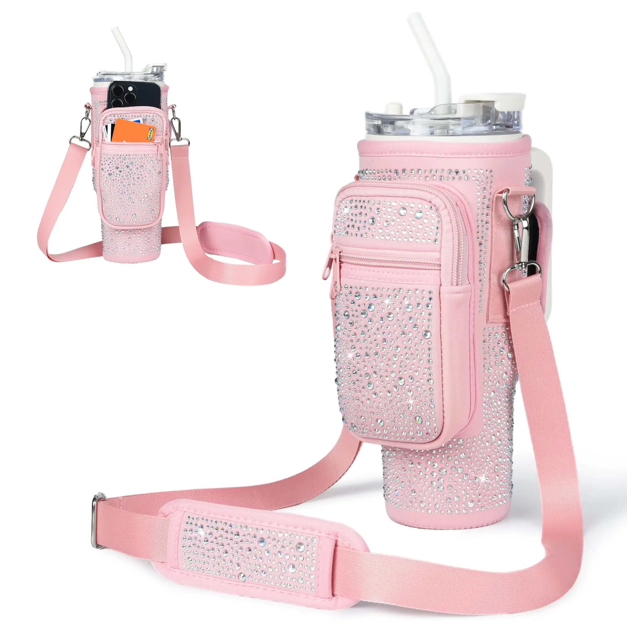 Bling Diamond Water Bottle Carrying Bag for Stanley 40 oz with Card Holder/Phone Pocket,Neoprene Water Bottle Holder Pouch