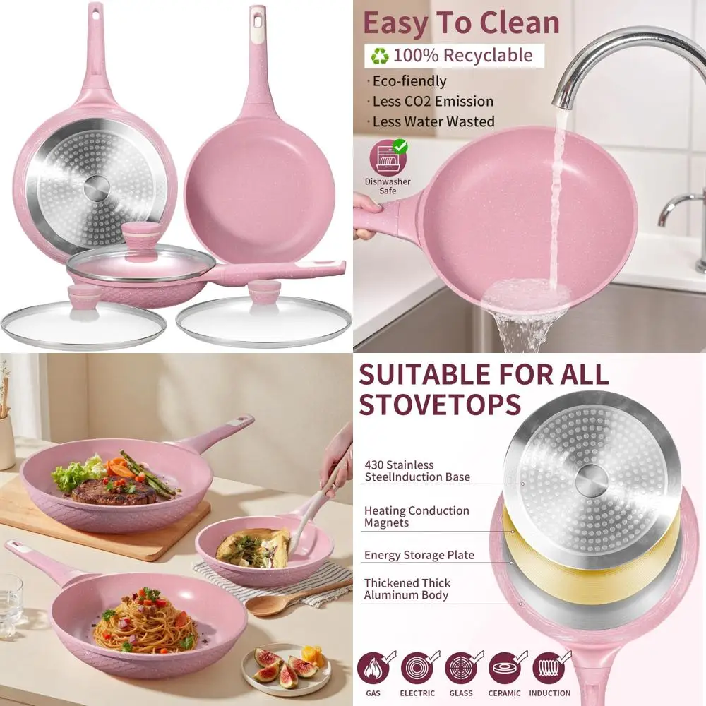 

Усовершенствованный набор сковородок из 6 предметов с антипригарным покрытием и крышками — 100% без PFOA/PFAS, сковорода для омлета и яиц, 8, 10, 11 дюймов, нетоксичная кулинария