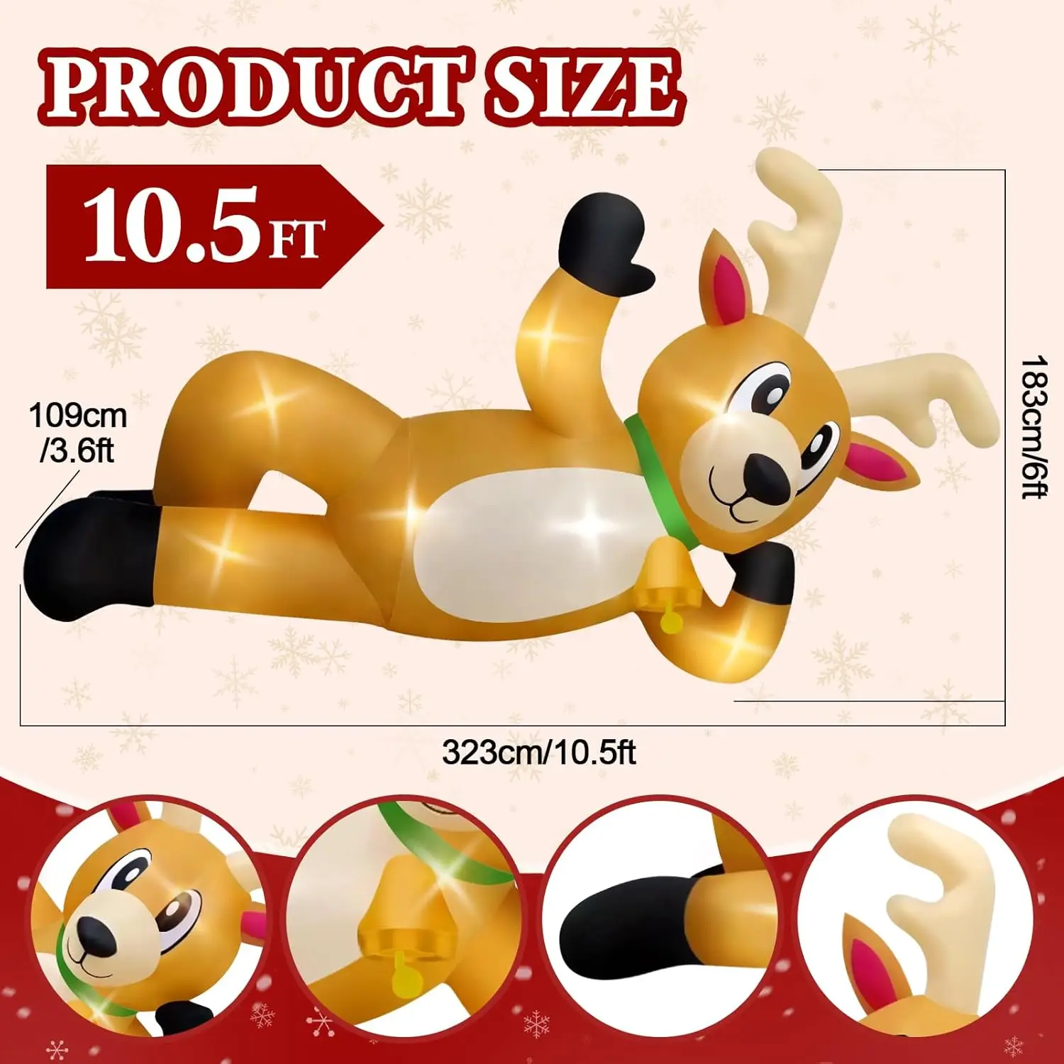 10.5FT Inflatable Lying Reindeer Christmas Outdoor Decoration with Built-in Lights Xmas Home Garden Festive Decor