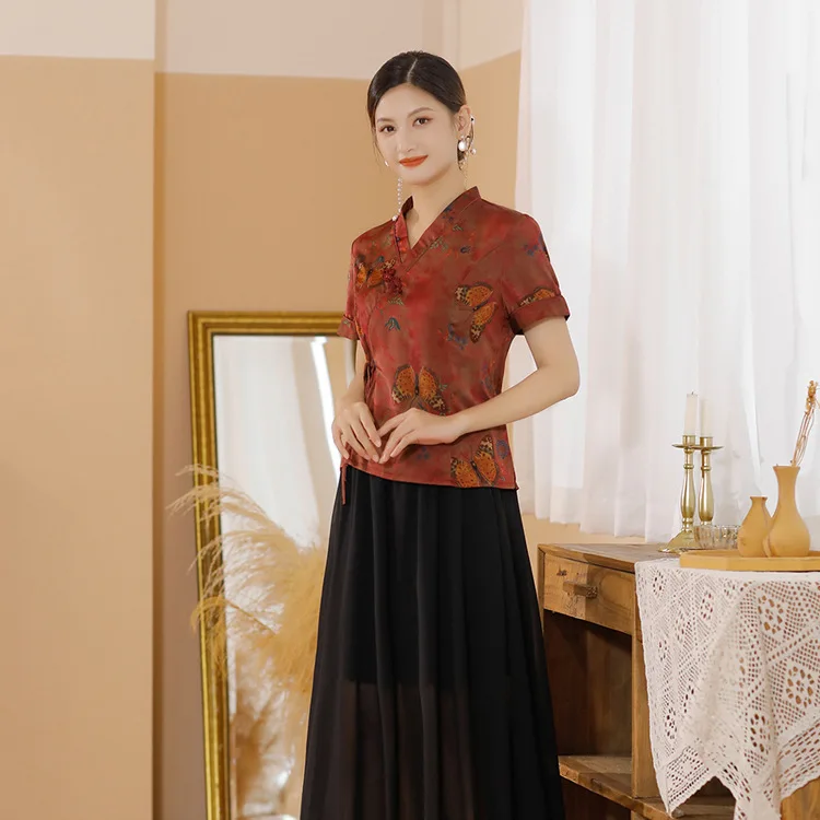 New Summer Women's Top Short Improved Satin Half-Length Cheongsam Dress Country Clothing Suit