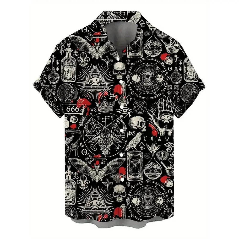 3D Printed Skull Hawaiian Shirt Men's Street Gothic Style Thickened Fleece Lined Autumn  Collar Nine-Quarter Sleeve