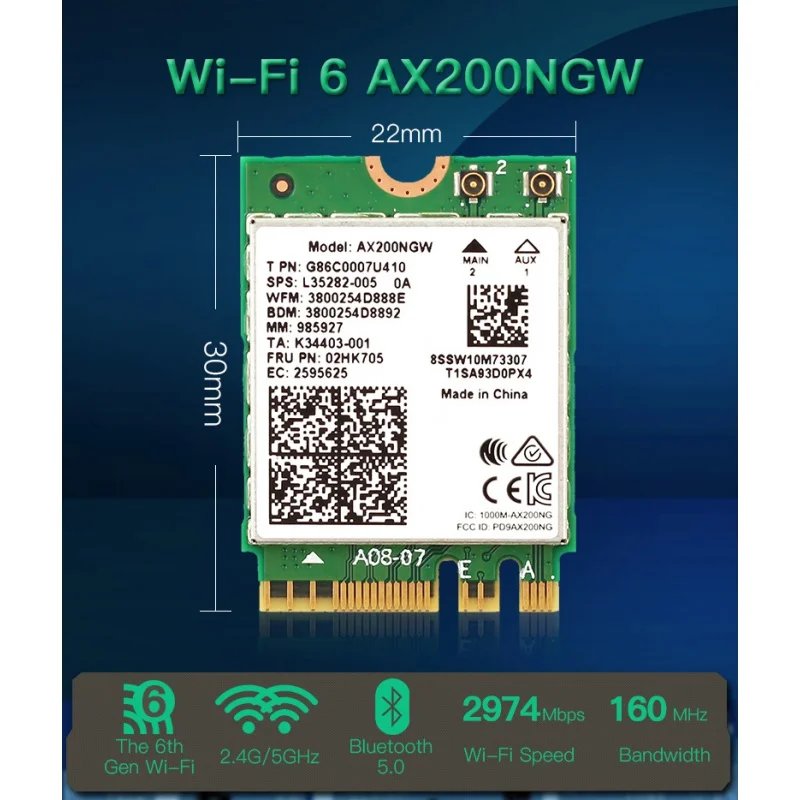 For lntel AX200 M.2 Bluetooth 5.2 2.4G/5GHz 802. 11ac/ax AX200ngw WiFi Adapter Antenna, Wifi 6 Dual Rail 3000Mbps Wireless Card