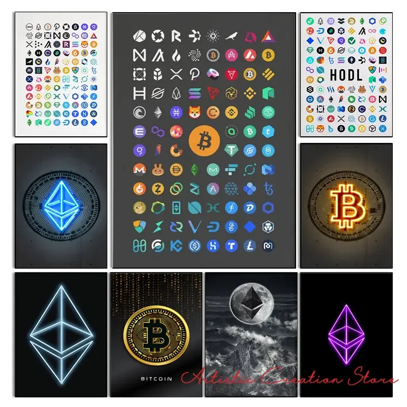 Bitcoin Art Posters Cryptocurrency Logo Framed Canvas Print Bitcoin Ethereum Ripple Litecoin Graphic Wall Pictures Home Decor