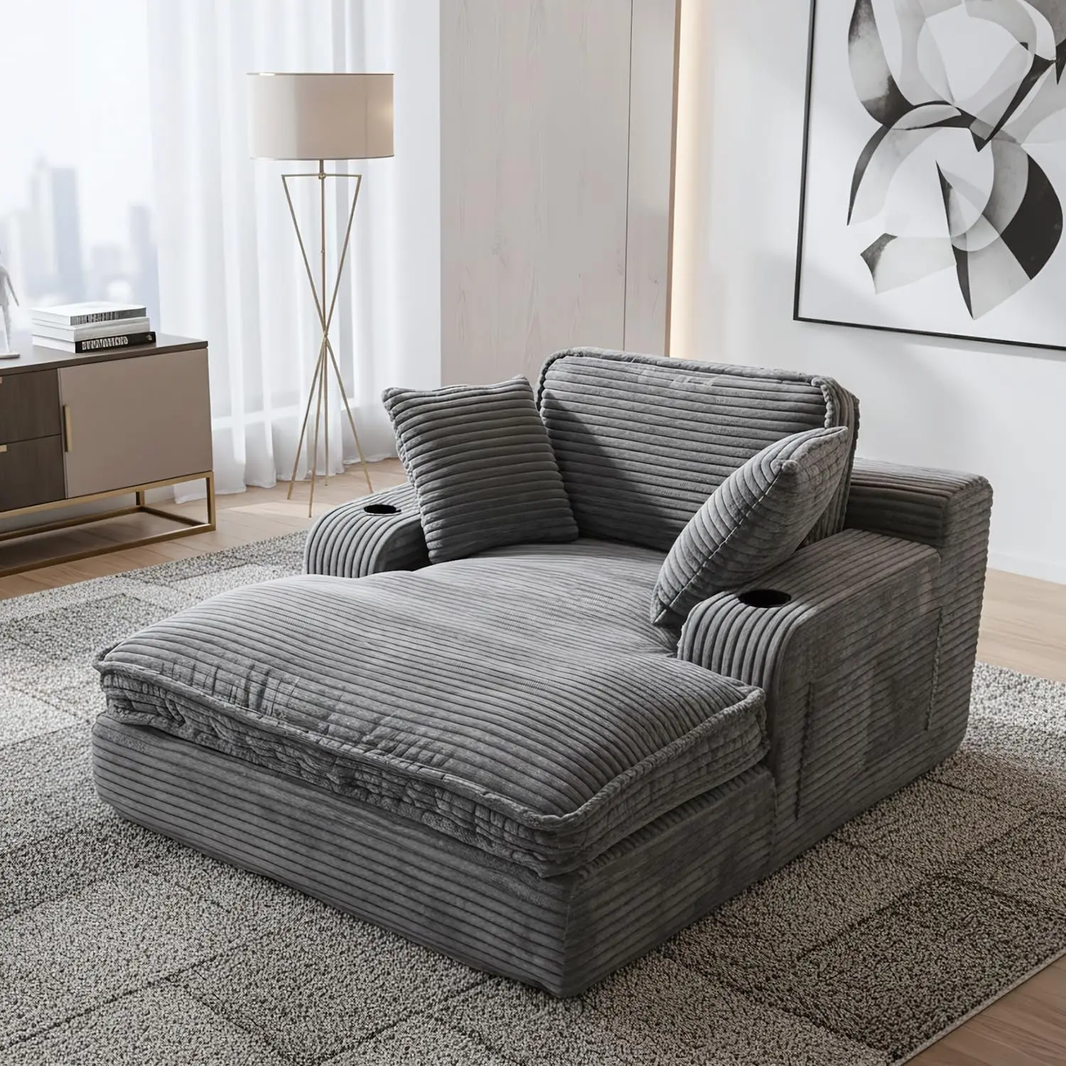 

67" Oversized Chaise Lounge Chair Indoor, Soft Boneless Cloud Couch with 3 Pillows, 4 Side Pockets and 2 Cup Holders, Comfy Cord