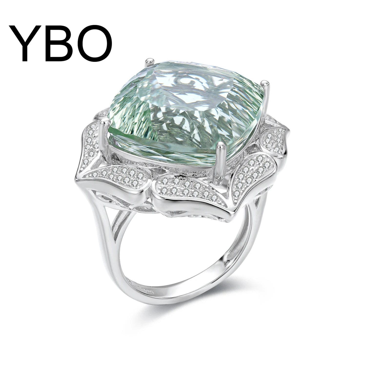 YBO Natural Green Amethyst 925 Sterling Silver Rings For Women 17mm Gemstones Luxury Jewelry Ladies Birthday Engagement Rings