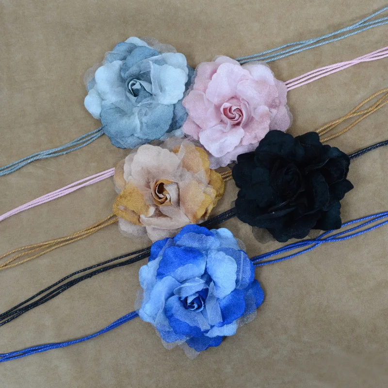 Ladies' Spring&Summer Chiffon Large Flower Thin Belt Cute And Elegant Knot Waist Chain Flower Leaf Tassel Decorative Skirt Belt