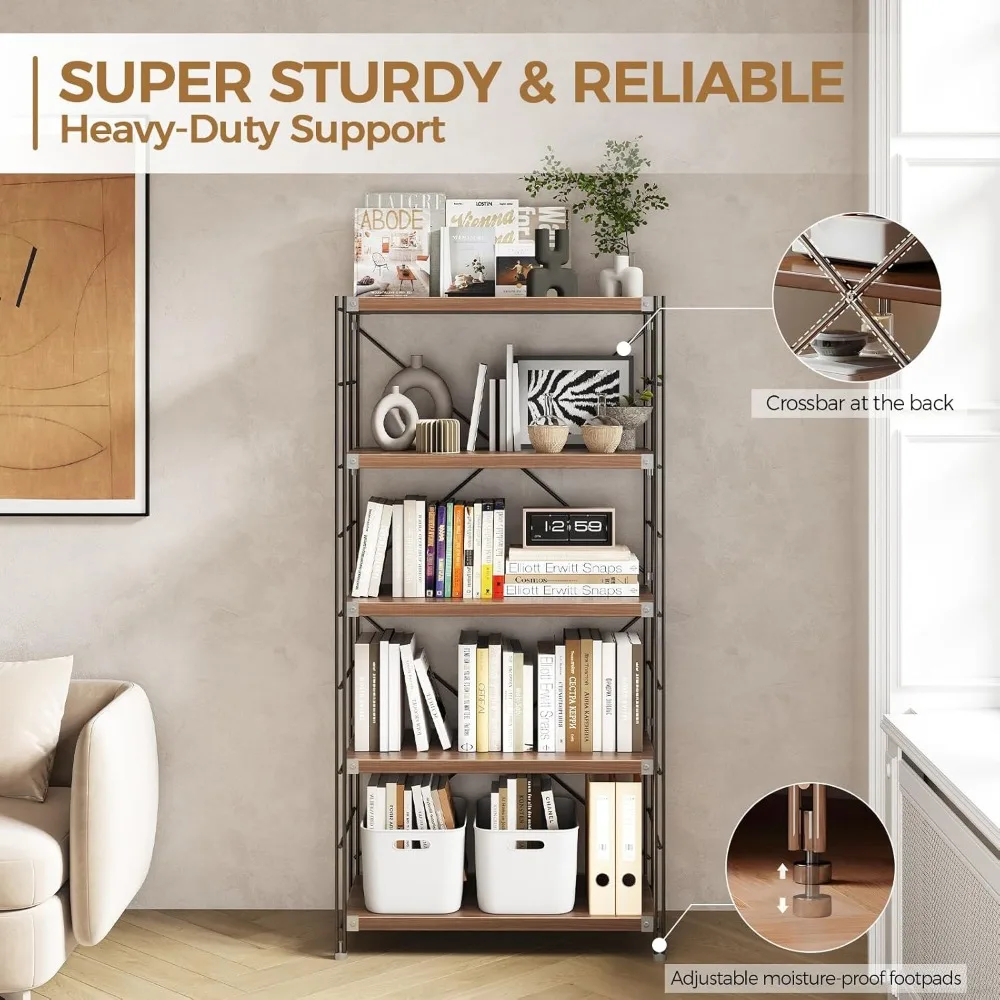 Промышленная 5-уровневая книжная полка, современный металл и дерево, прочный стеллаж для хранения офиса, гостиной, спальни и кабинета, открытый S