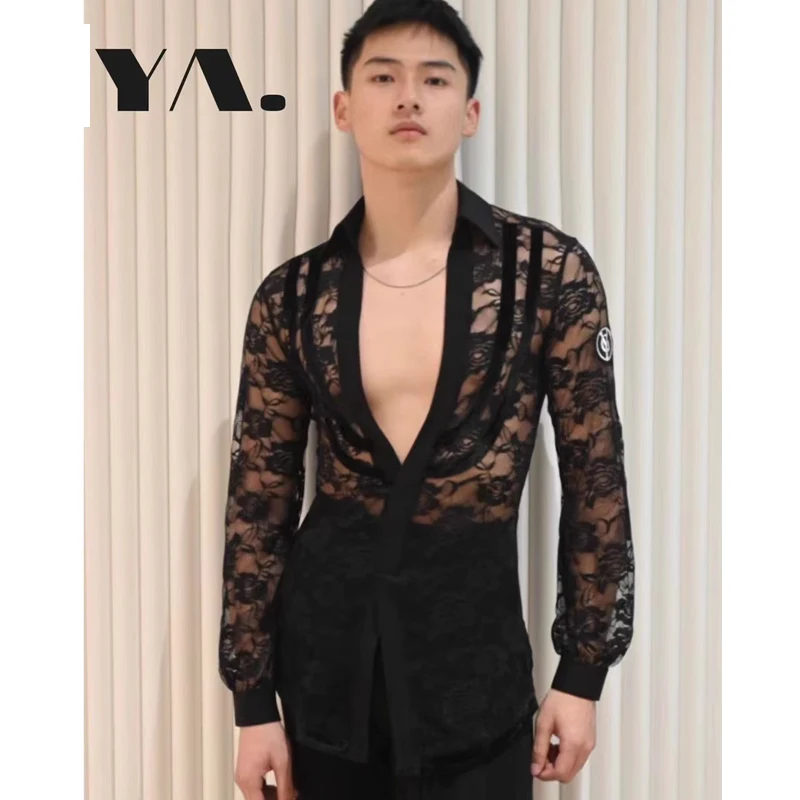 2024 Latin Dance Tops For Men Lace Long Sleeved Shirts Chacha Rumba Tango Training Clothes Latin Dance Competition Wear DQS15500