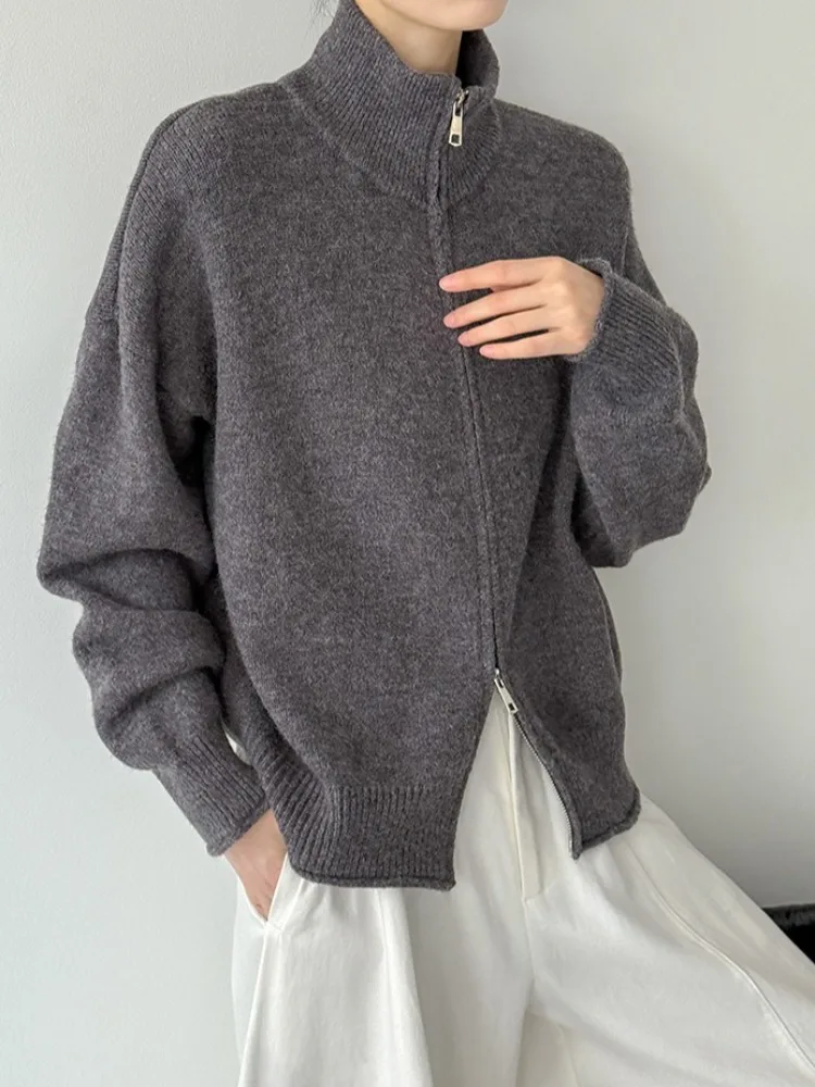 LIinar 2026 New Fall Winter Women's Stand-Collar Zipper Cardigan Thick Solid-Color Long-Sleeve Casual Knit Sweater Cardigan