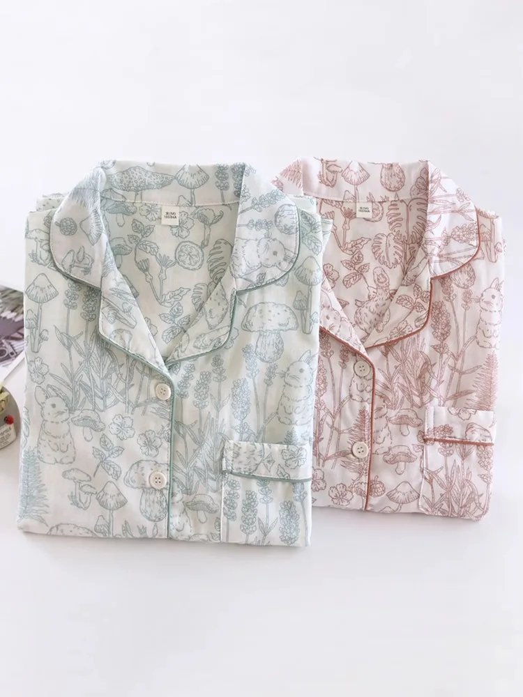 

Sweet Cartoon Print Long Sve Thin Home Clothes Set for Women Country Sle Floral Spwear Comfortable Cotton Spring Autumn