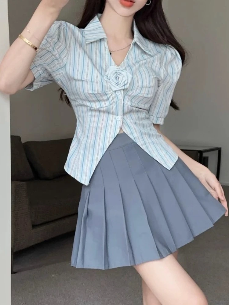 Summer Fashion Women Striped Shirt Pleated Skirt suit Elegant Slim Wear 1 Set Playful and Lively Two-piece Set  Blouse