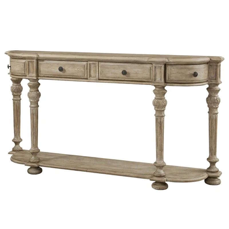 

American solid wood porch oak carved wall table, drawer storage retro foyer decorative table