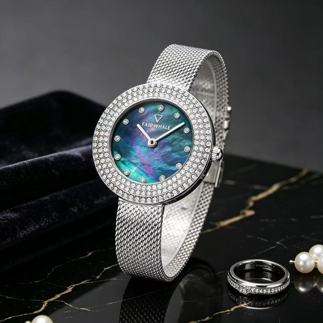 Women's Starry Diamond Studded Fashion Quartz Watch with Round Steel Band Fold Clasp Waterproof