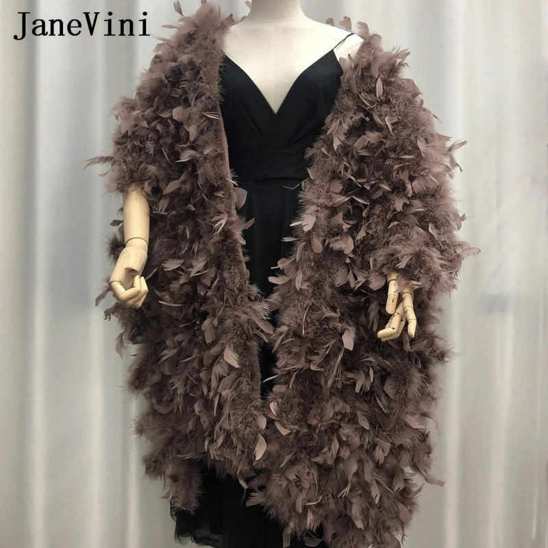 JaneVini Plus Size 220cm*40cm Fur Shawl Bridal Cape Real Ostrich Feathers Women Wedding Wraps Coffee Bride Party Stole Shrugs