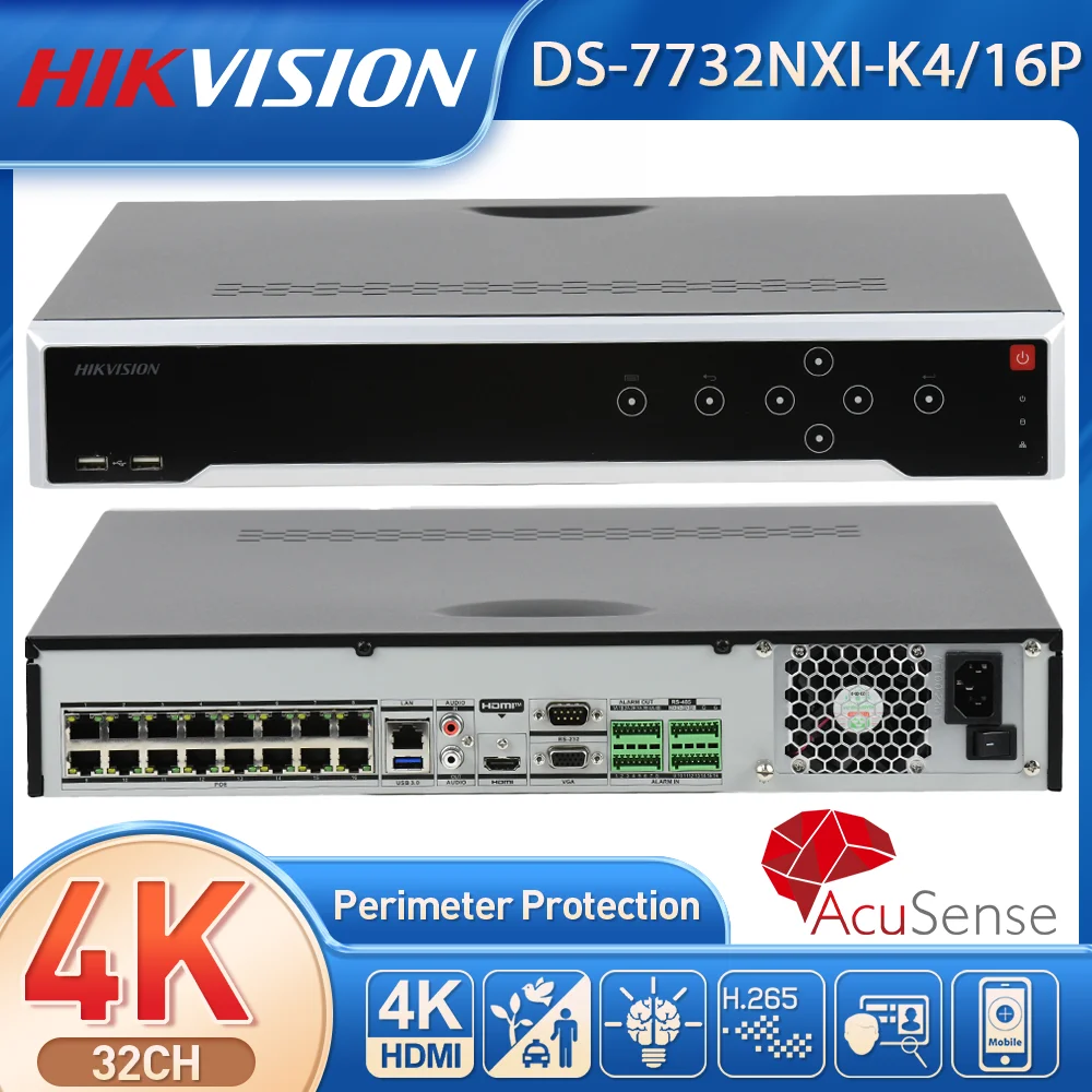 Hikvision DS-7732NXI-K4/16P 32CH 4K NVR 16PoE AcuSense AI Face Recognition Perimeter Protection H.265+ 4SATA 256Mbps HDMI/VGA