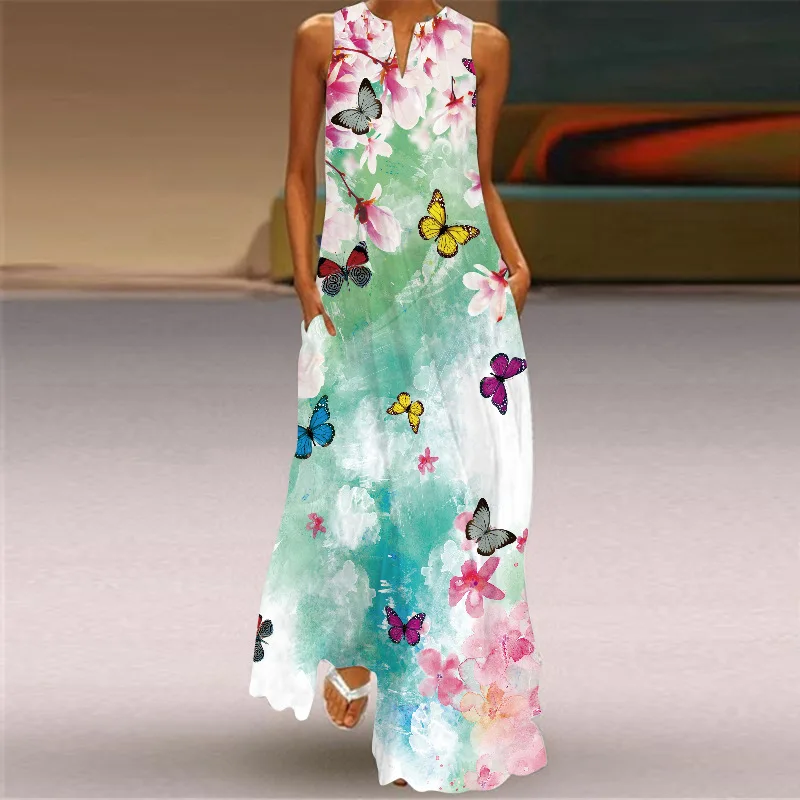 Bohemian Dresses 2024 New Women's Retro Printed Long Dress V-neck Sleeveless Insert Pocket Summer Sexy Dress Vestidos Elegantes