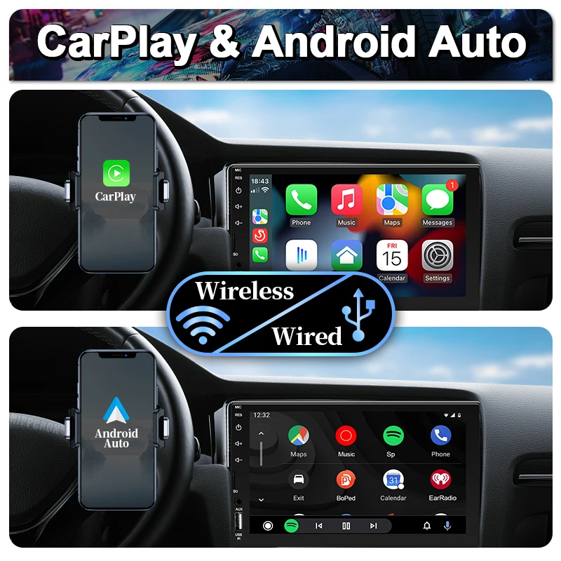 Hippcron 7 Inch 1Din Car Multimedia Player Wireless CarPlay Android Auto FM Bluetooth AUX USB Rear Camera