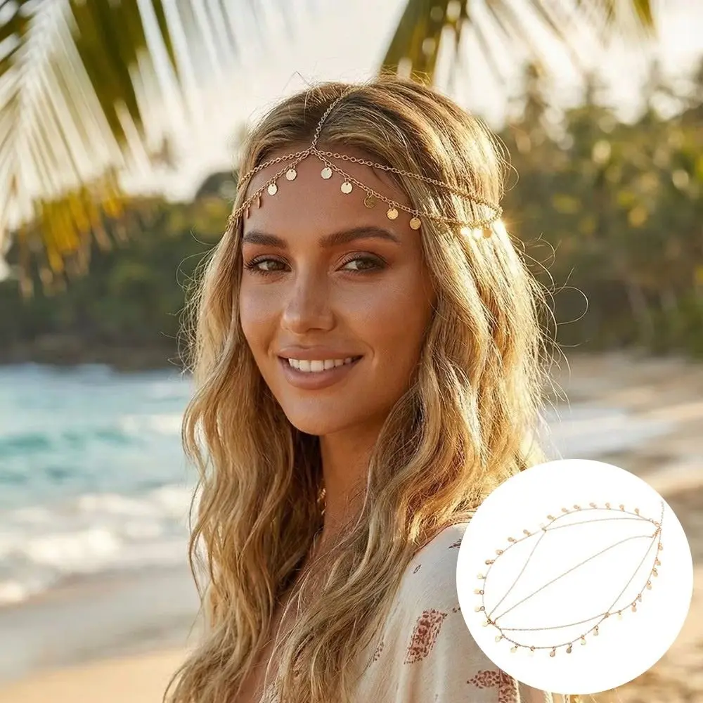 New Alloy Boho Tassel Head Chain Disc Charms Multilayer Forehead Chain Lightweight Forehead Hair Jewelry Hair Chain