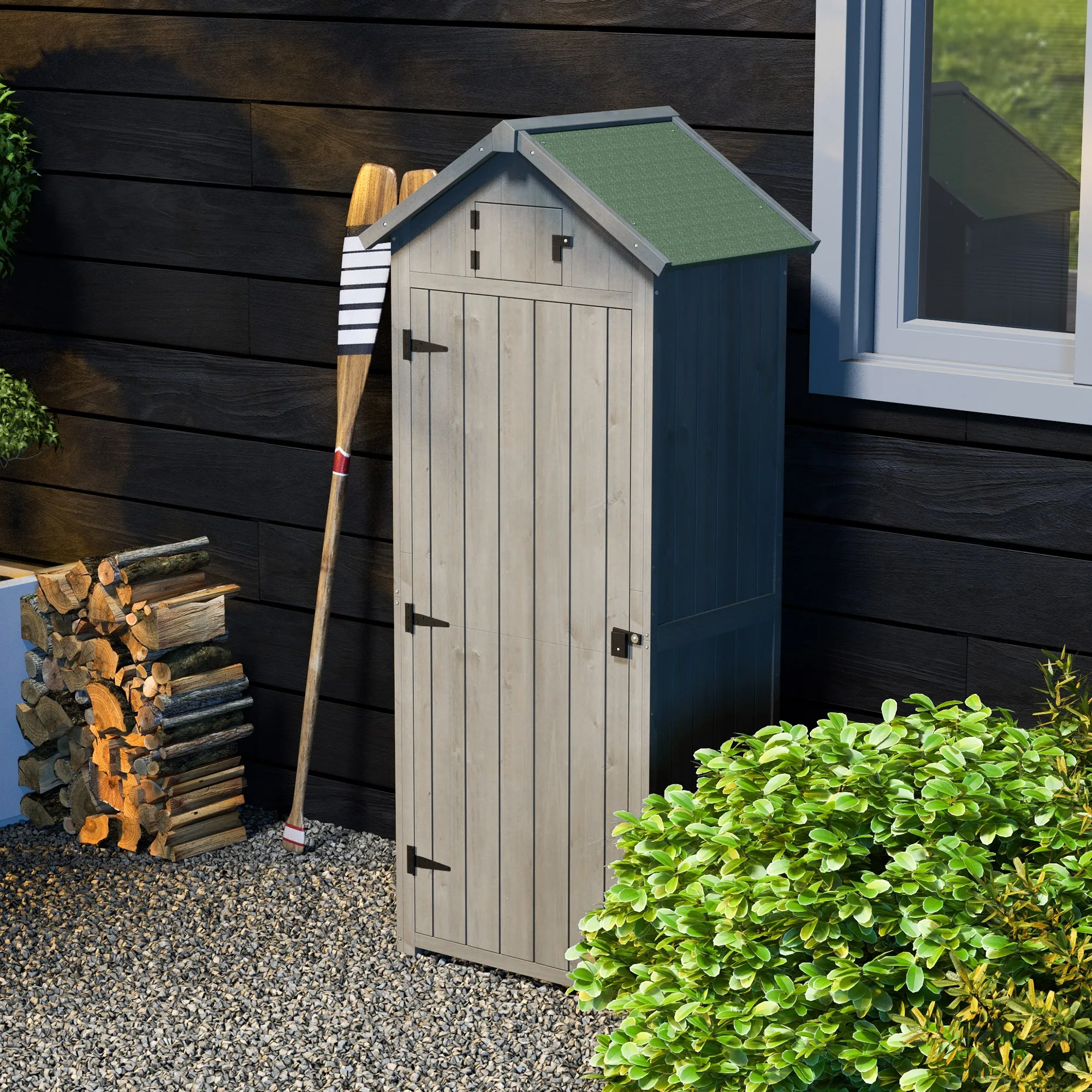 Outsunny wooden garden cabinet 77x54,2x179 cm 0,3 m² tool storage shed with 3 shelves and 2 doors with Patio hasp gray and green Terrace