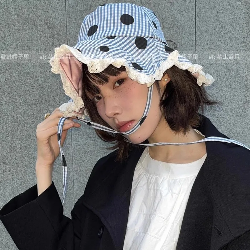 Korean Polka Dot Lace Plaid Strap Bucket Hat Spring and Summer Vacation Sunshade Large Brim Foldable Fashion Sun Cap for Women's