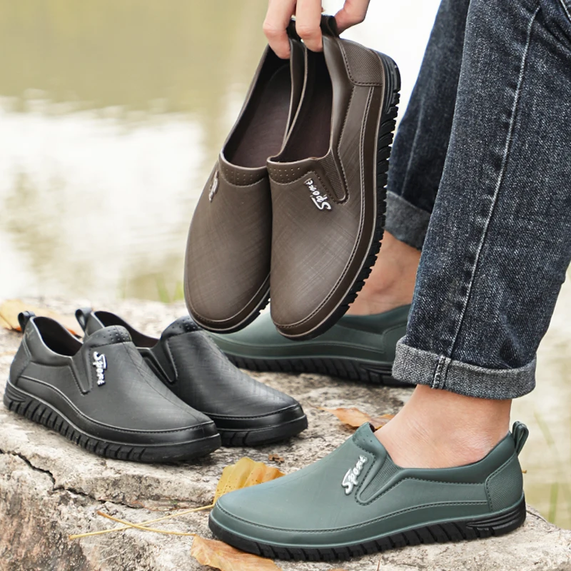 Low-Top Men's Rain Boots Fashionable Fleece-Lined Anti-Slip Wear-Resistant Kitchen Work Plastic Shoes Waterproof Boots