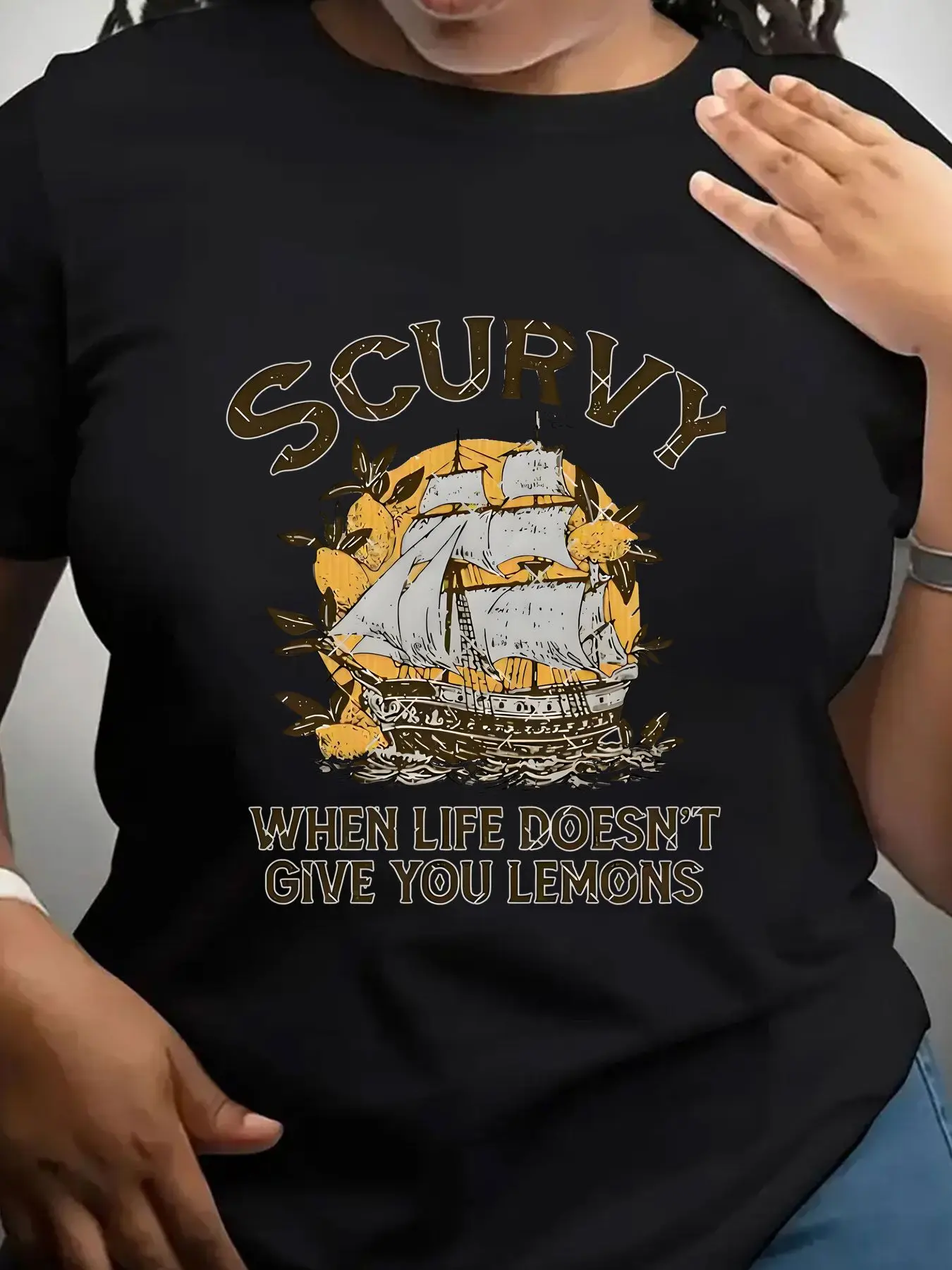 Women's Trendy Crew Neck T-Shirt Scurvy Ship with Lemons Design Suitable for Casual Sportswear