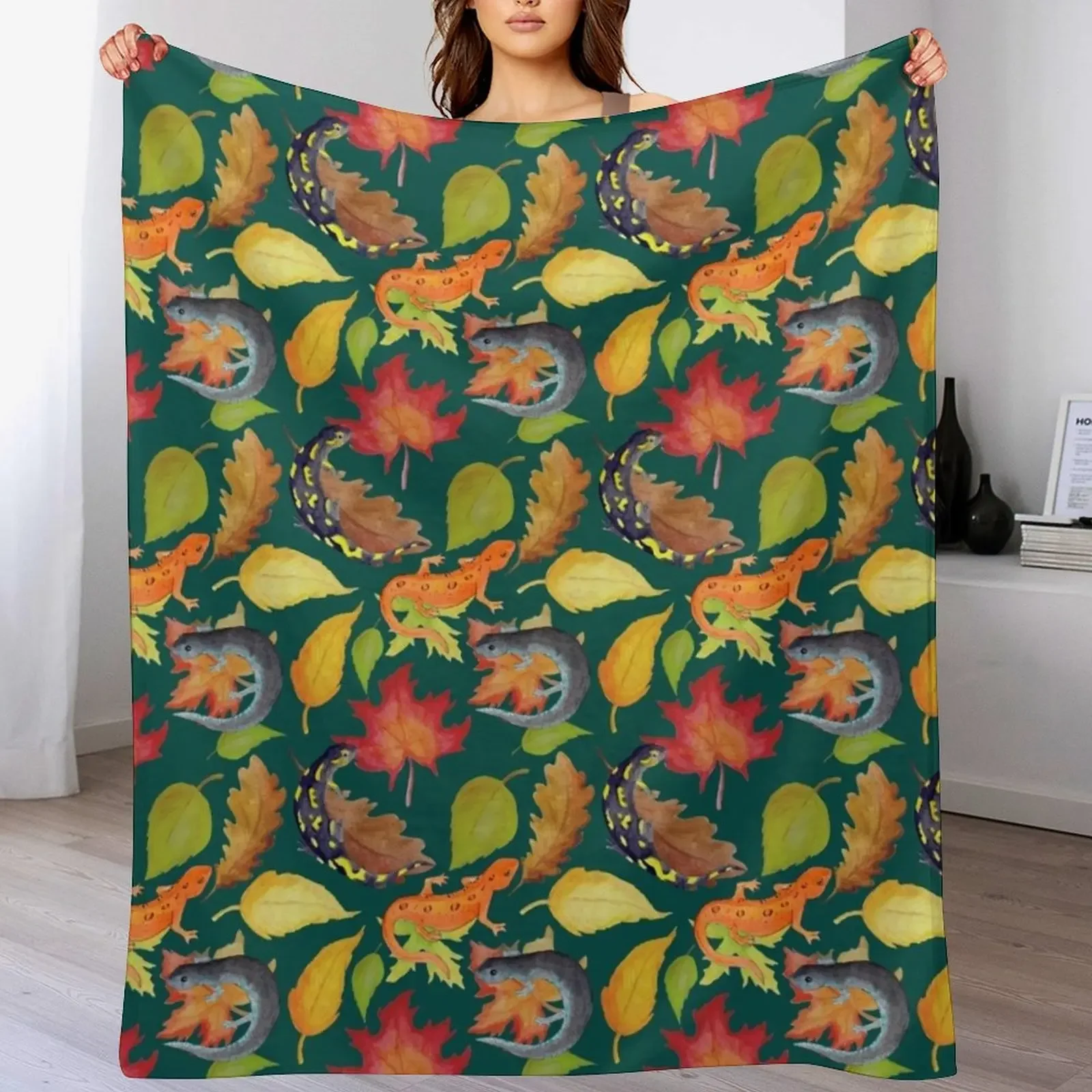 

Salamander Leaves Watercolor Pattern- Dark Green Throw Blanket Decorative Beds Picnic Loose Beach Blankets