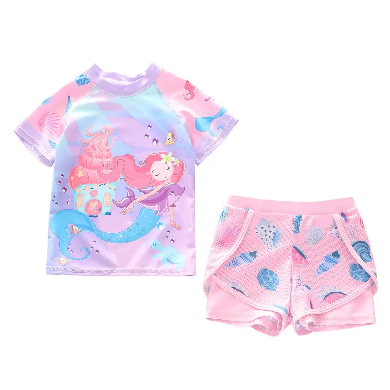 HappyFlute 16-38kg 2-Pieces Set Children\'s Swimming Pool Swimsuit Girls Lovely Split T-shirt Sweet Printed Infant Swimwear