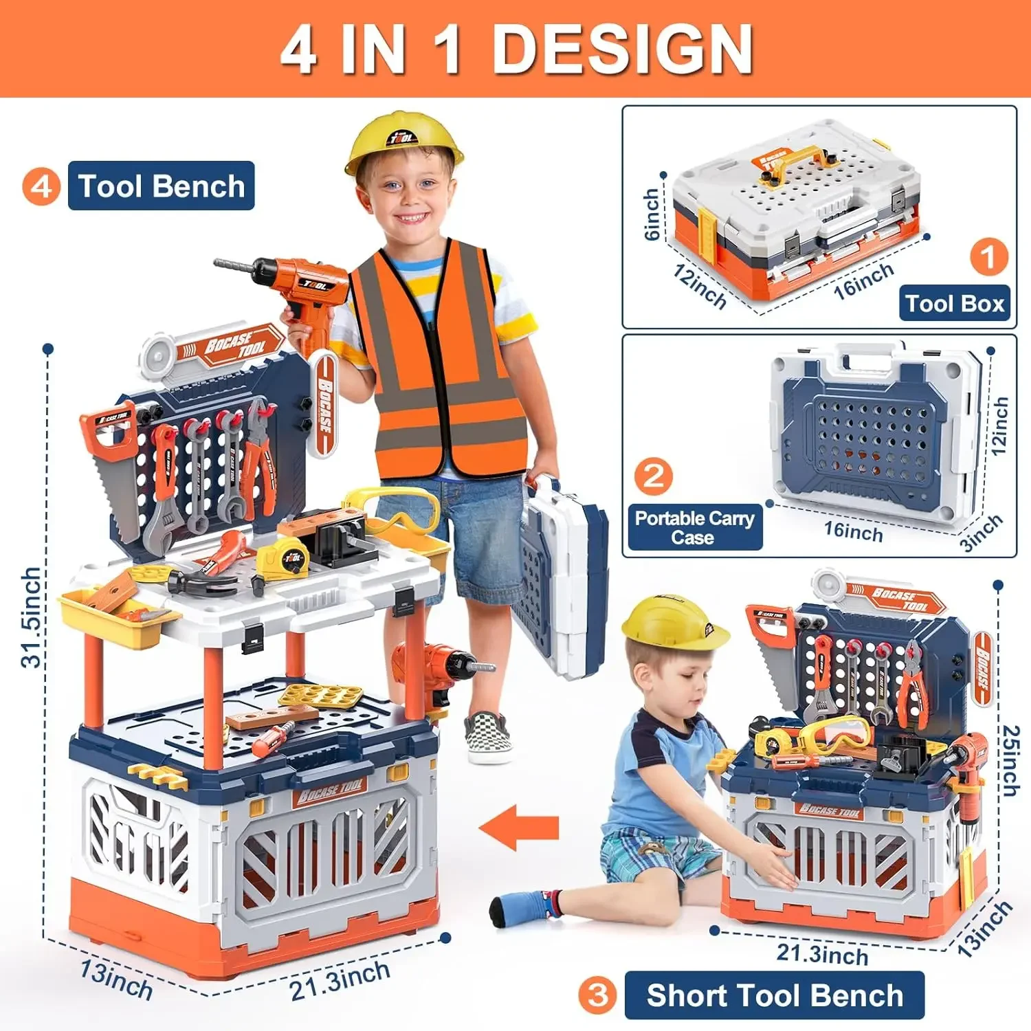 Kids Tool Bench - Toy Workbench with Storage Box Kids Tool Set with Electric Drill  Pretend Play Construction for Kids 3-5,4-8