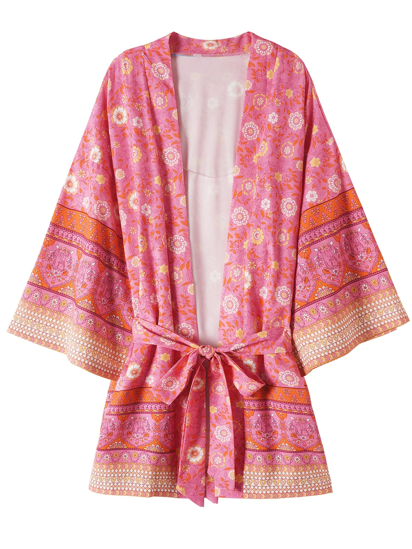 

European and American Women's Clothing Ethnic Elegant Fashion Kimono Cardigan with Floral Belt for Beach Travel Vacation