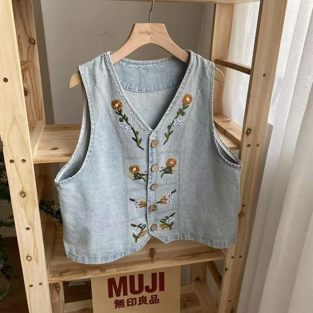 Womens Denim Vest Embroidered Flowers Waistcoat