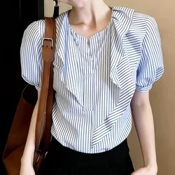 Vintage Women's Blouses Spring/Summer New Striped Korean Shirts Loose Ruffle O-neck Top Women Clothing Sales