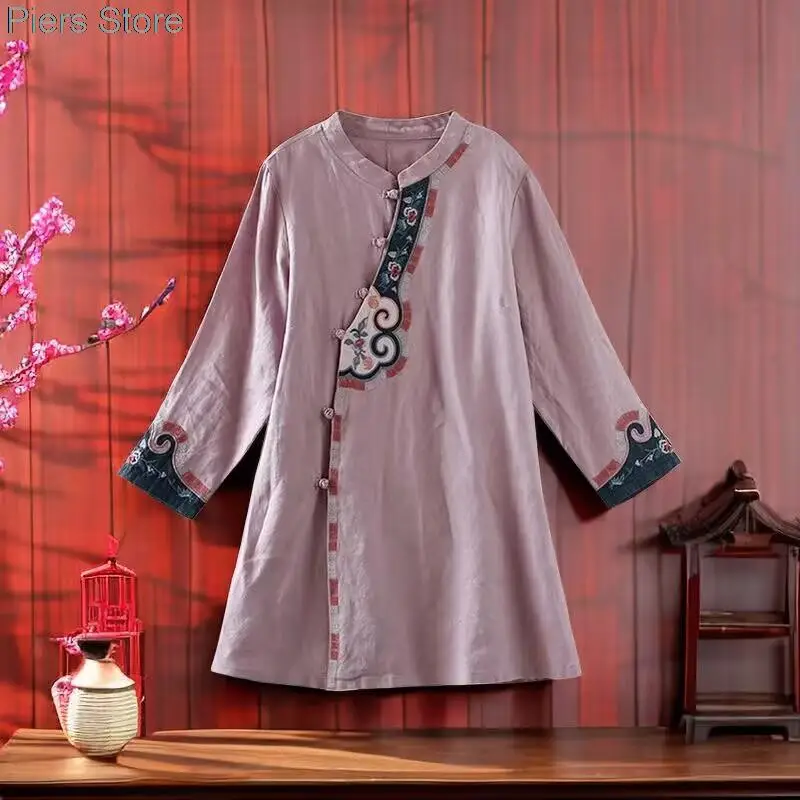 فستان طويل Hanfu المعدل على الطراز الصيني للنساء ، تطريز ، ياقة قائمة عتيقة ، فستان كاجوال فضفاض أنيق ، فستان حفلات ،