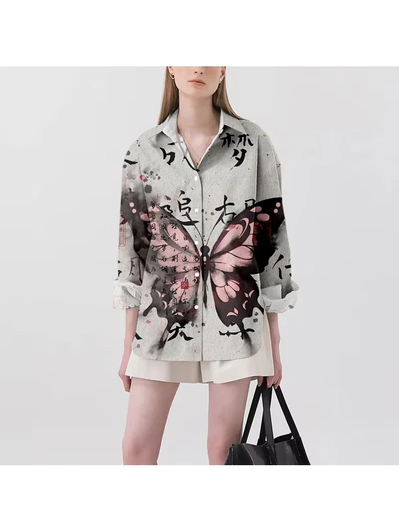 Fashion Casual Ladies Shirt Insect Butterfly Print Lapel Long Sleeve Shirt Personalized Trend Suitable for any occasion Fashion