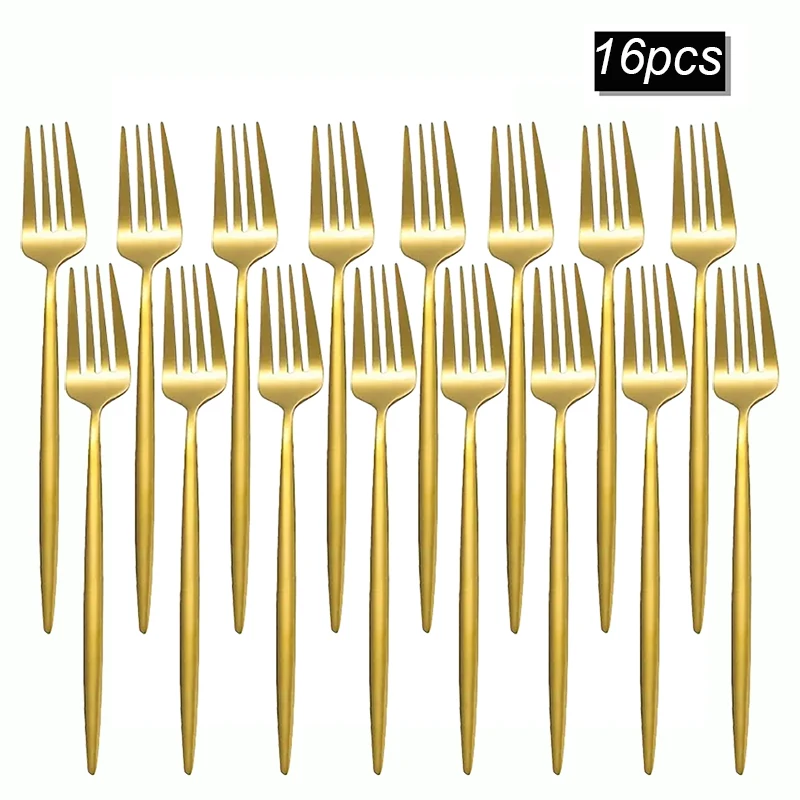 8/12/16pcs Stainless steel gold tableware dinner fork fruit fork steak fork salad fork suitable for restaurant or banquet